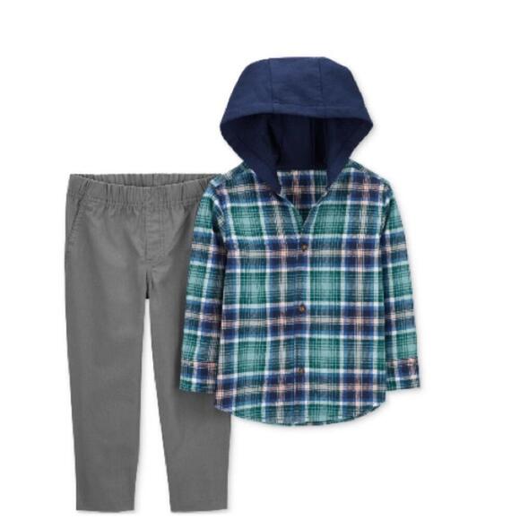 Carter's Boys'4T 2 Piece Long Sleeve Knit Top Pants (Navy/Grey Plaid hooded, 4T - Picture 4 of 7